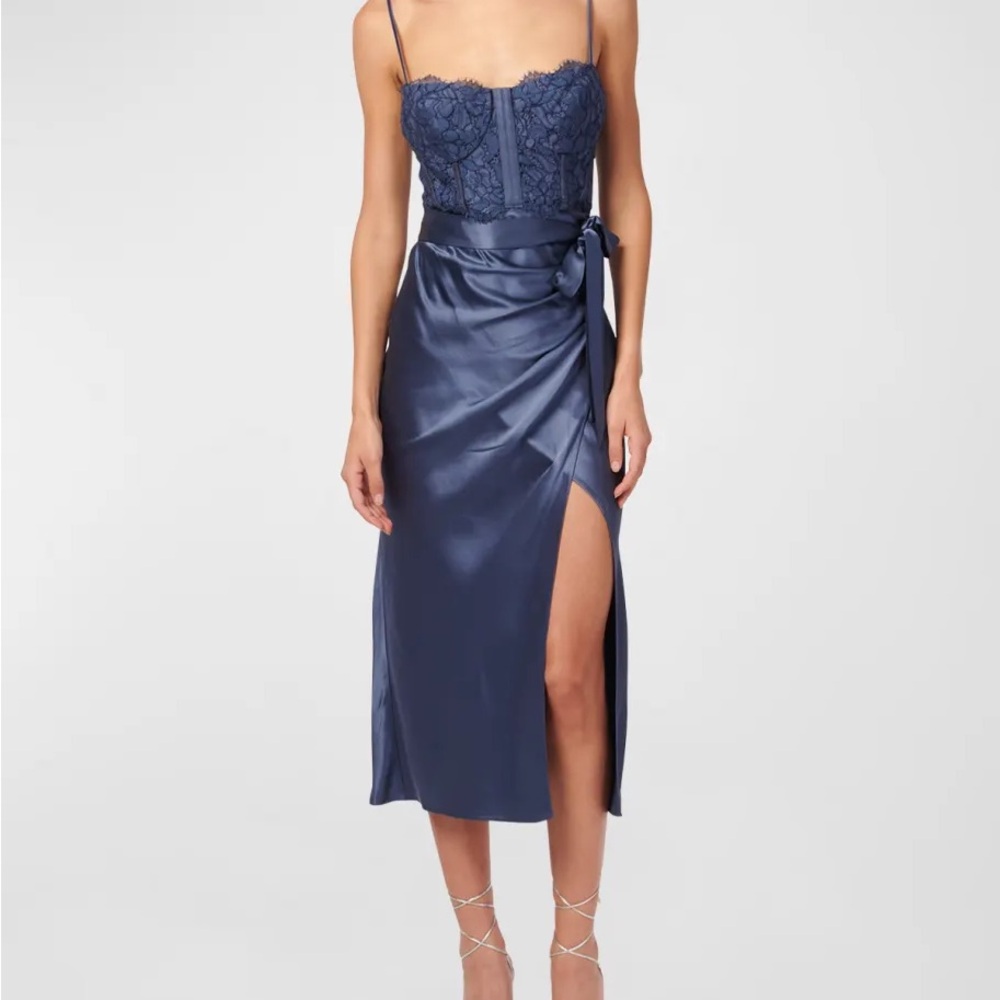 Cami NYC Navy Lace & Satin Dress with Bow Detail